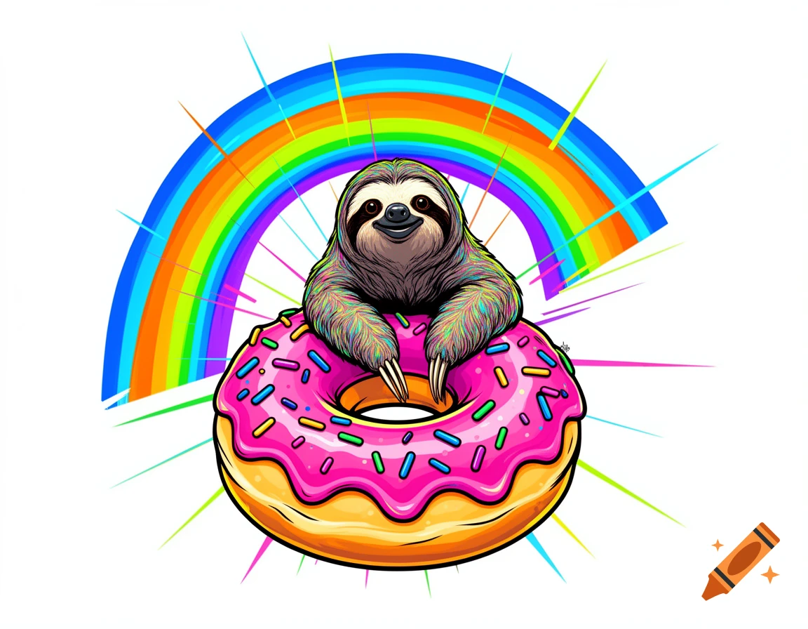 Pop art cartoon of a colorful sloth sitting on a pink sprinkle donut with a vibrant rainbow and starbursts.