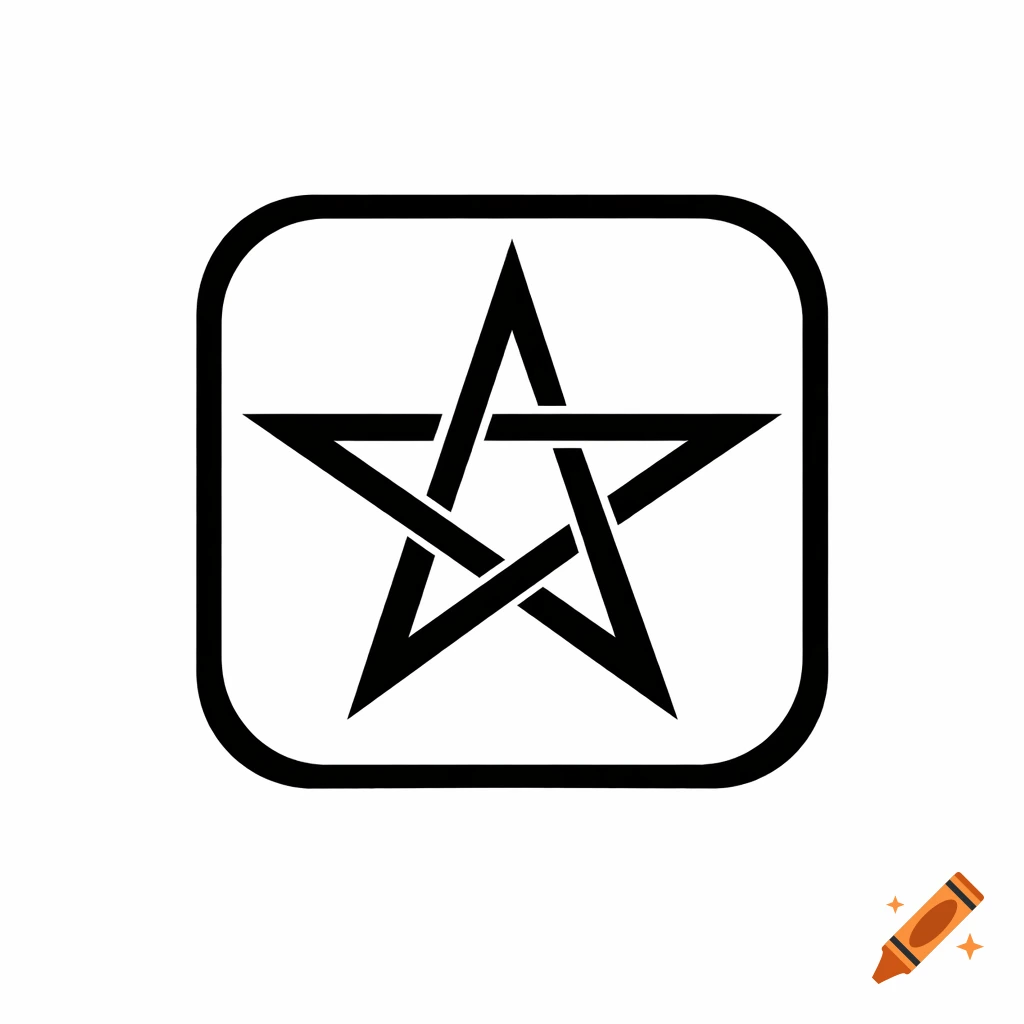 A black pentagram symbol enclosed within a rounded black square on a white background, minimalist graphic design.