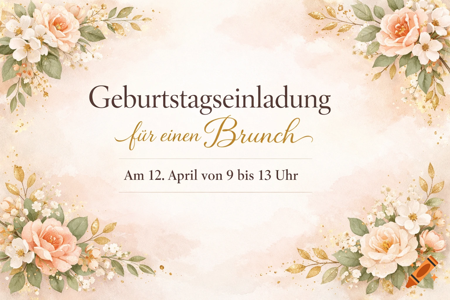 Watercolor birthday brunch invitation with pink and white flowers, green leaves, and gold glitter accents.