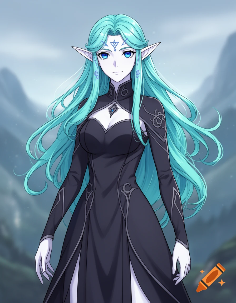 Anime-style portrait of an elf sorceress with long turquoise hair, blue eyes, and white skin, wearing a dark patterned dress, standing in a misty landscape.