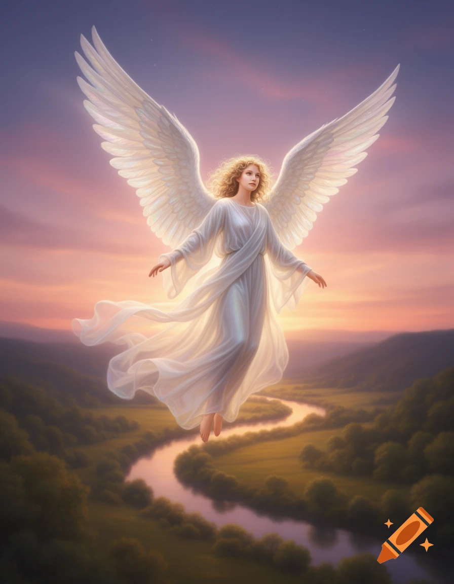 A beautiful angel with large white wings and golden hair floats in the sky above a winding river and green landscape at sunset.
