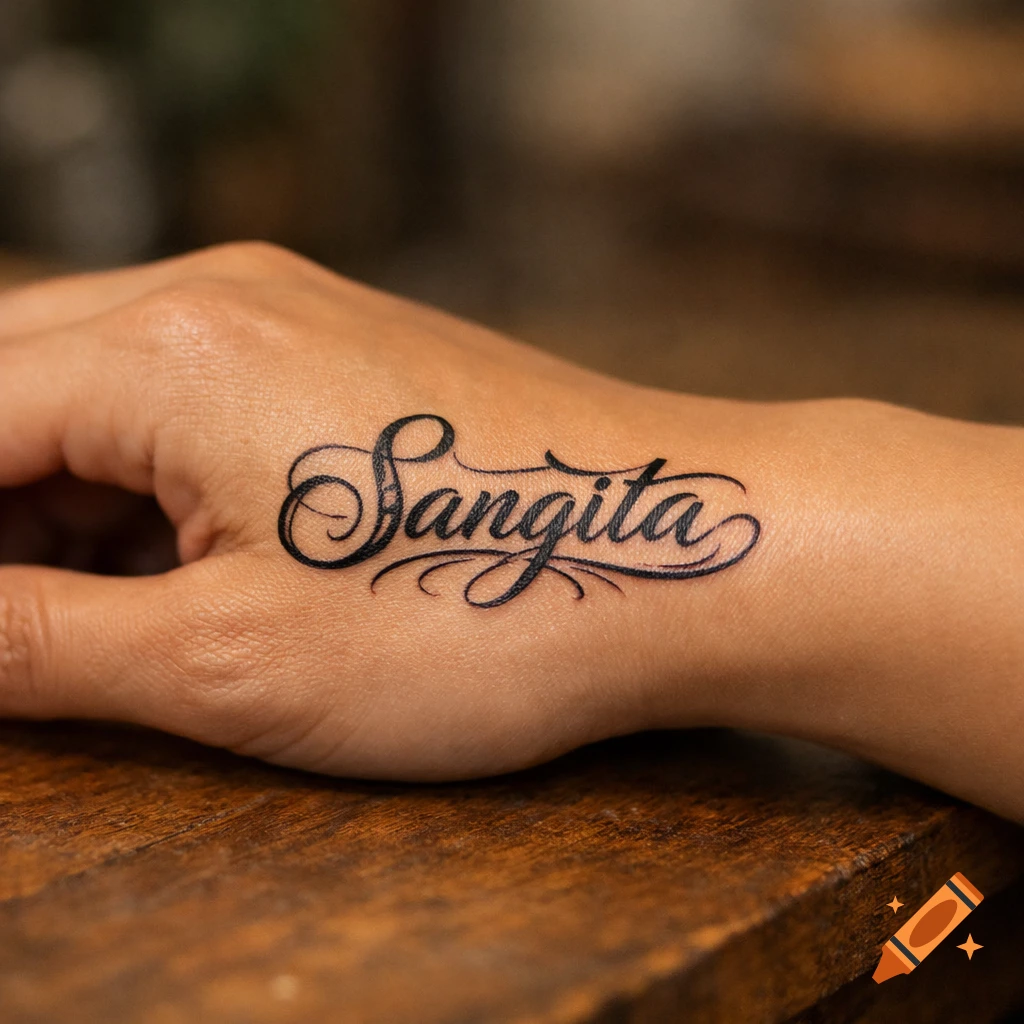 Photorealistic close-up of a hand with a black script tattoo spelling 'Sangita' on the back, resting on a wooden surface.