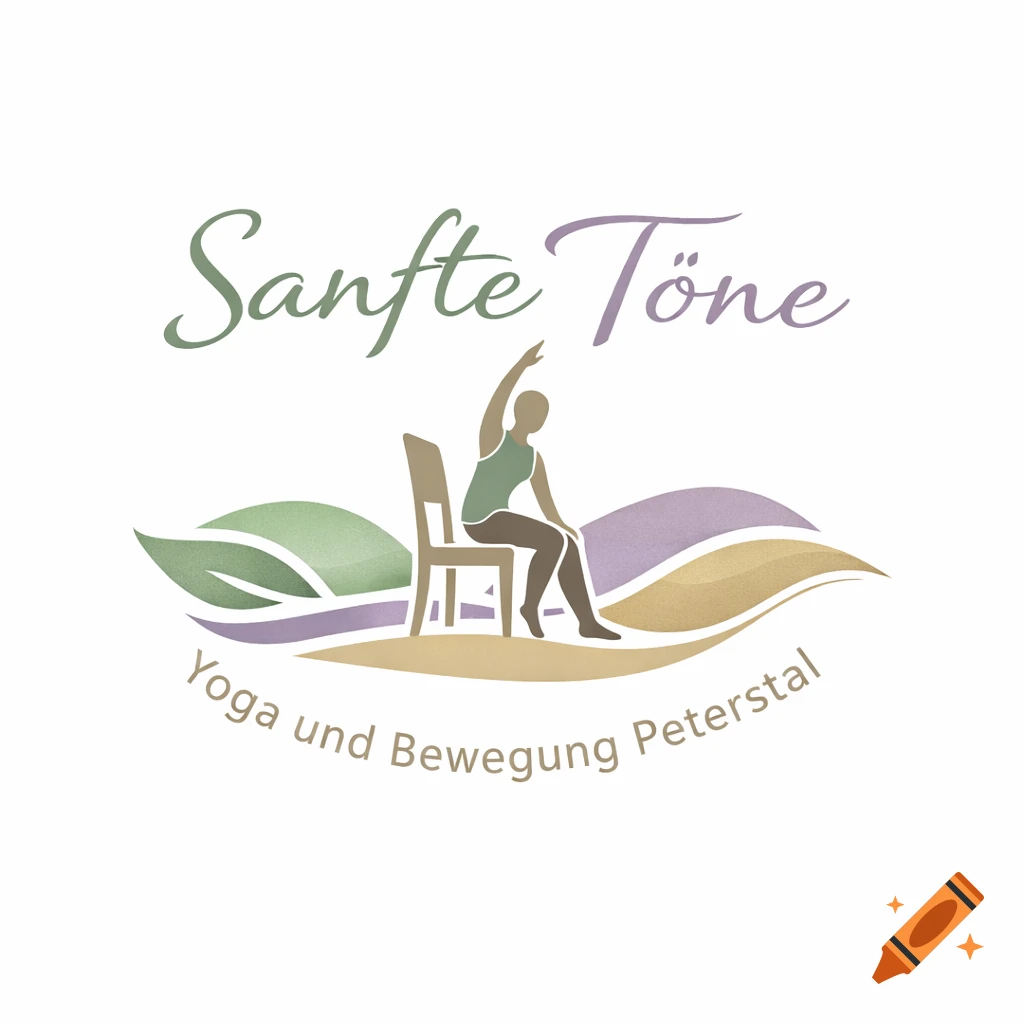 Stylized logo for Sanfte T ne, featuring a person doing chair yoga with abstract leaves and text 'Yoga und Bewegung Peterstal'.