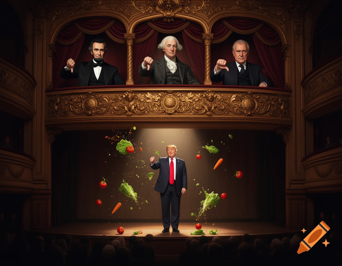 Donald Trump on a theatre stage with vegetables thrown at him, as Lincoln, Washington, and another man in a balcony give thumbs down.