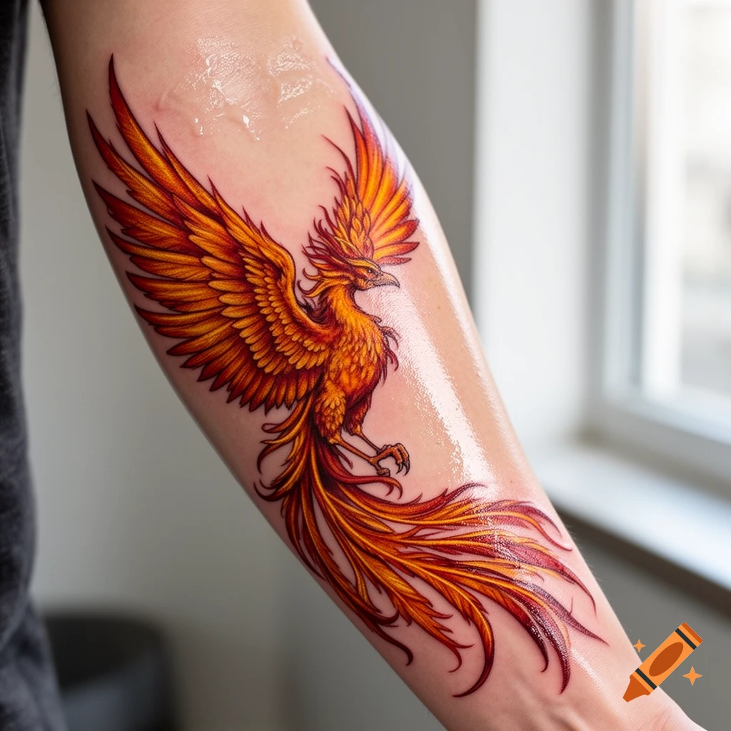 Vibrant orange and red phoenix tattoo on a person's forearm.