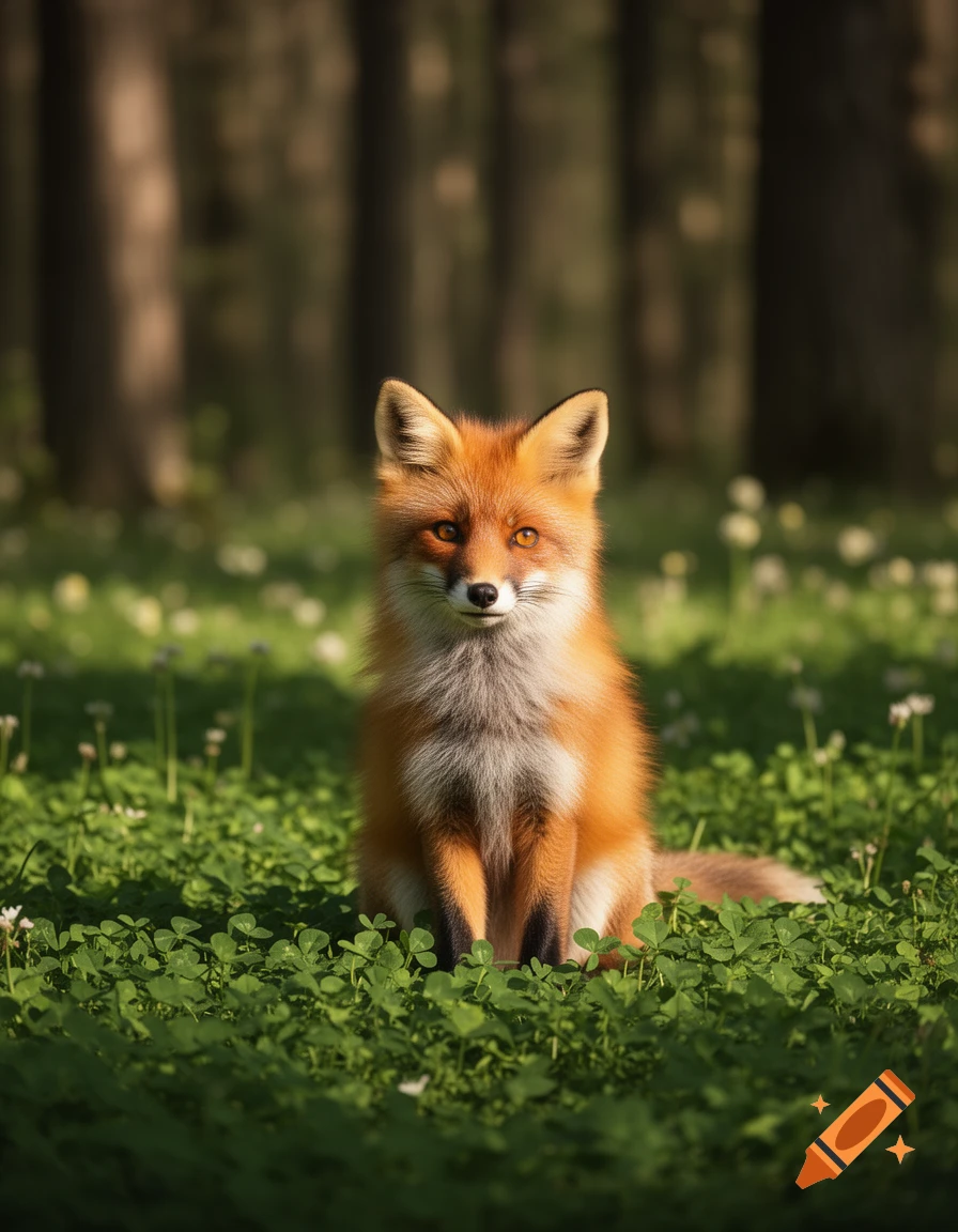 A cute red fox with a white chest sits in a sunlit field of green clover, looking directly ahead, with a blurred forest in the background.