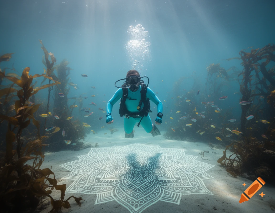 A scuba diver in a blue wetsuit swims above a large white mandala pattern on the sandy ocean floor, surrounded by kelp and fish.
