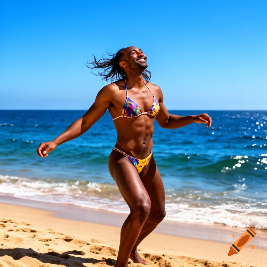 A smiling person with flowing hair, wearing a colorful bikini, dances on a sunny beach with the ocean in the background.