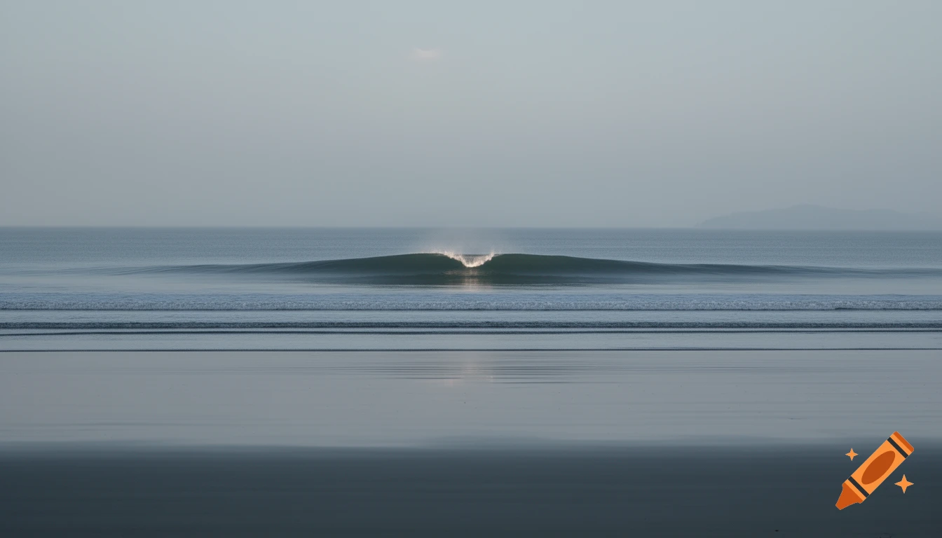 A serene, minimalist seascape with a single, perfectly arcing wave reflecting light against a desaturated sky and wet sand.