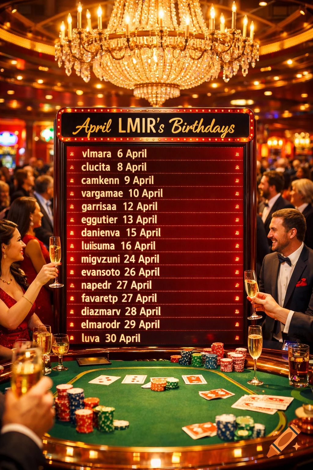 A vibrant casino scene with a large LED sign listing "April LMIR's Birthdays" and people holding champagne glasses around a green poker table with chips and cards.