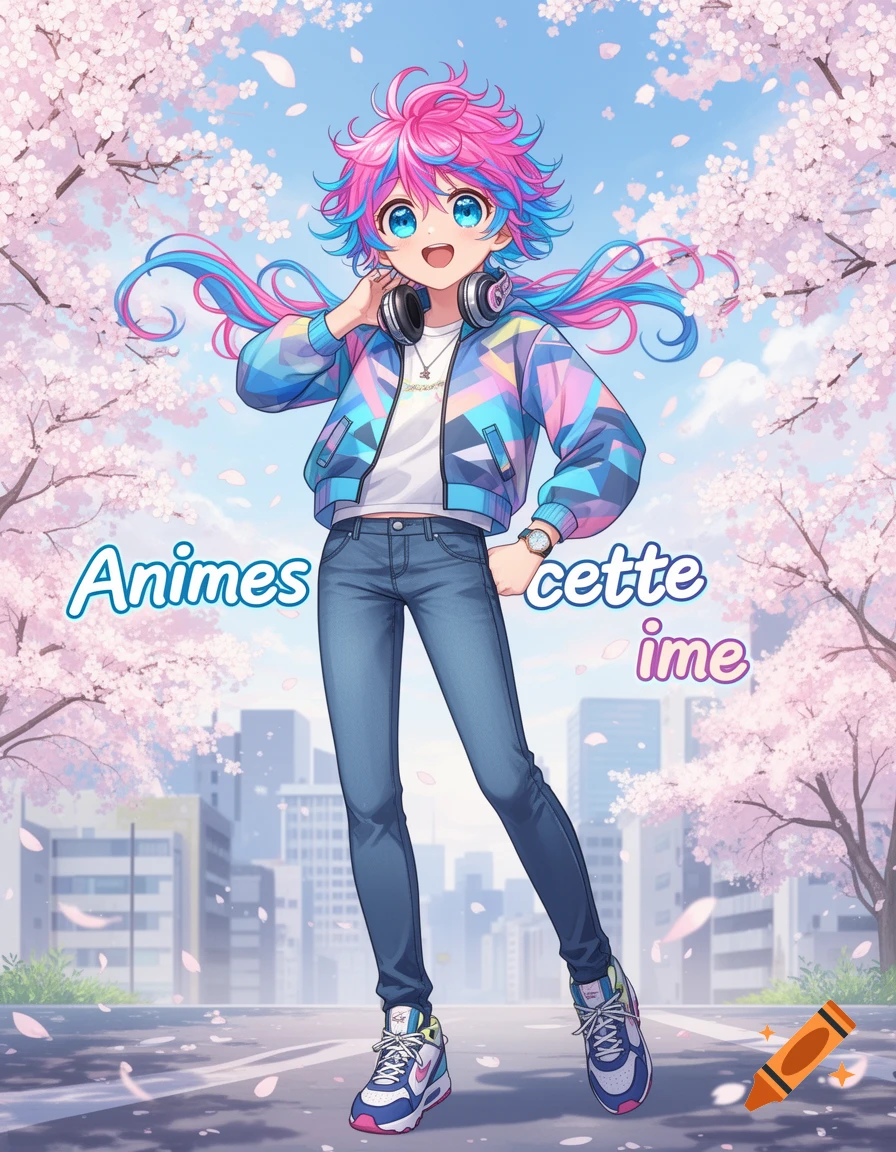 Anime character with vibrant pink and blue hair, wearing a colorful geometric jacket and jeans, standing on a street with falling cherry blossoms.