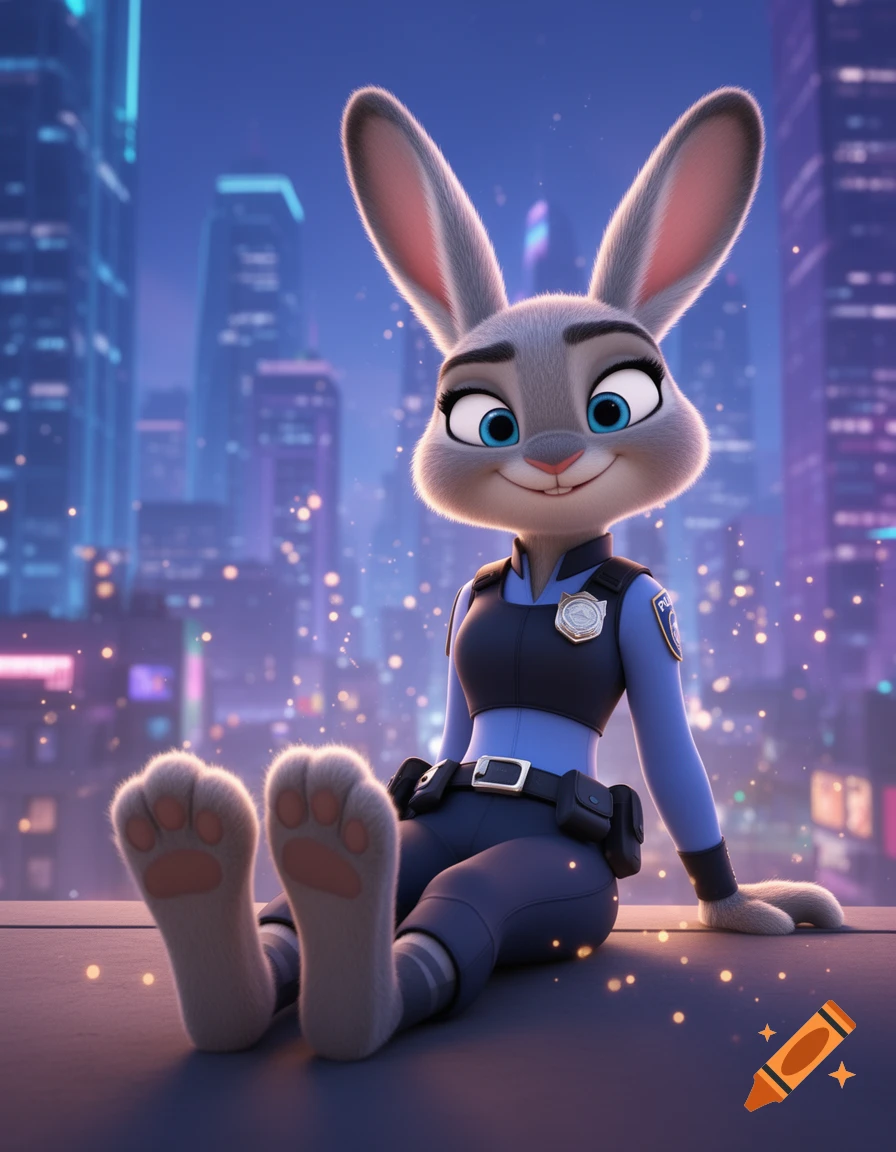 Animated Judy Hopps in police uniform sits on a city rooftop at night, smiling and showing the pads of her feet to the camera.