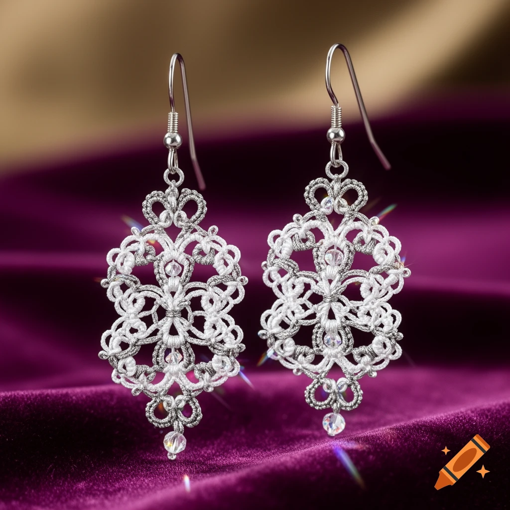 A pair of intricate white and silver tatting earrings with small clear beads, against a rich purple fabric background.
