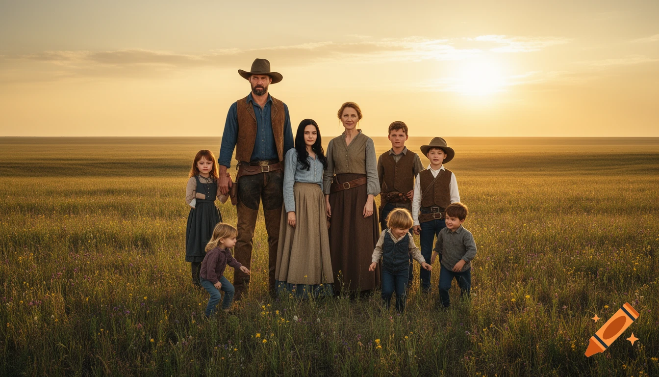 A family in western attire stands together in a grassy field at sunset, bathed in golden light.