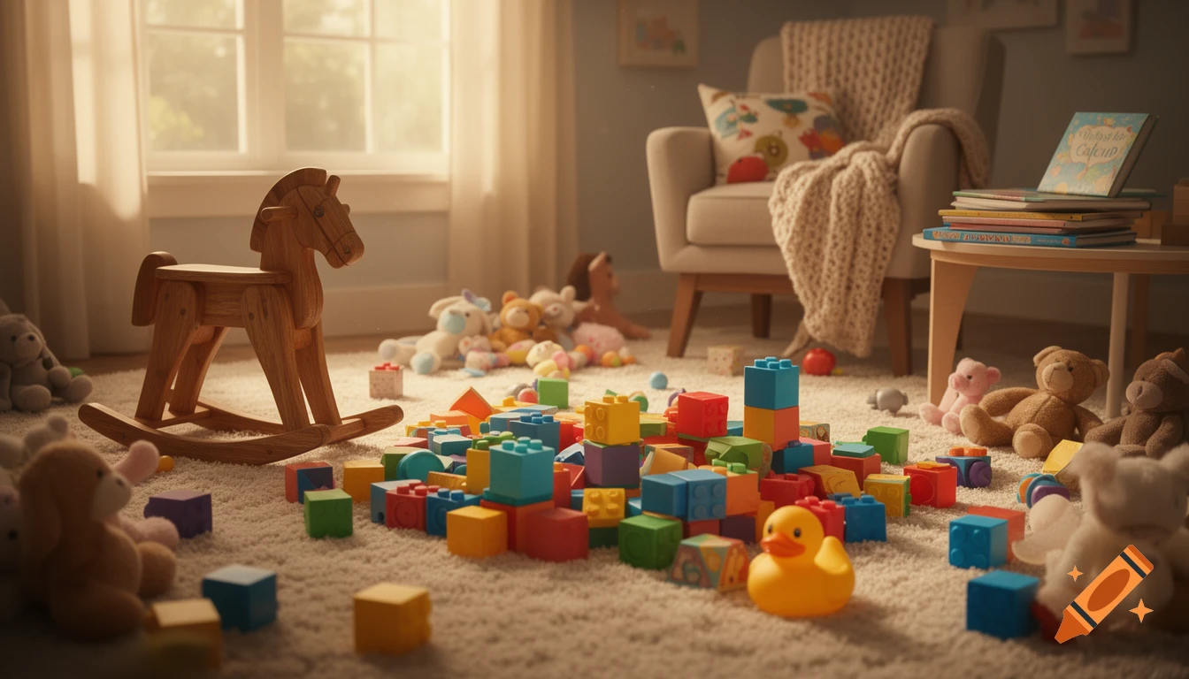 A sunlit children's room with a wooden rocking horse, colorful building blocks, stuffed animals, and a rubber duck scattered on a white rug, in a photorealistic style.