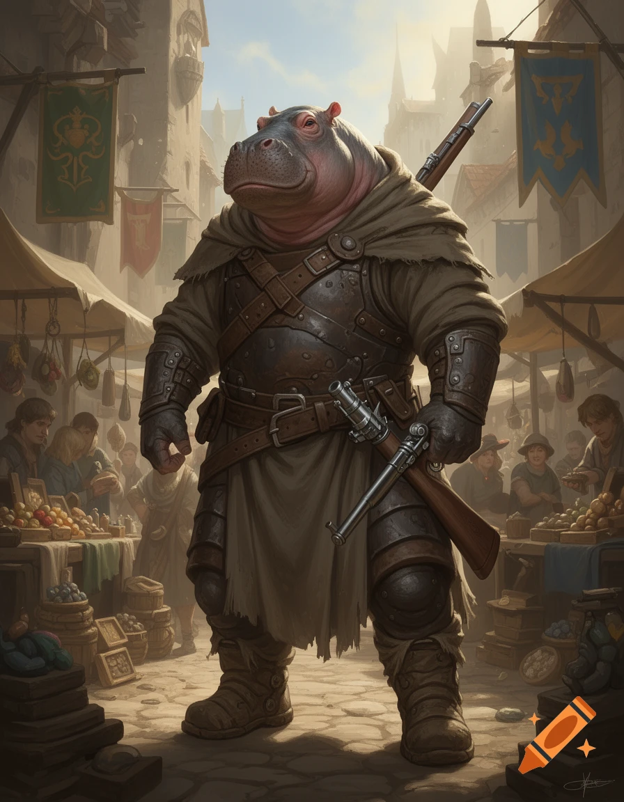 A large, armored humanoid hippopotamus mercenary, holding a musket and pistol, stands in a bustling medieval-fantasy market street.
