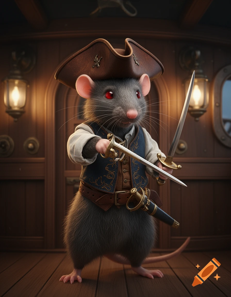 A cute, photorealistic rat dressed as a pirate swashbuckler with red eyes, holding two swords on a ship's wooden deck.