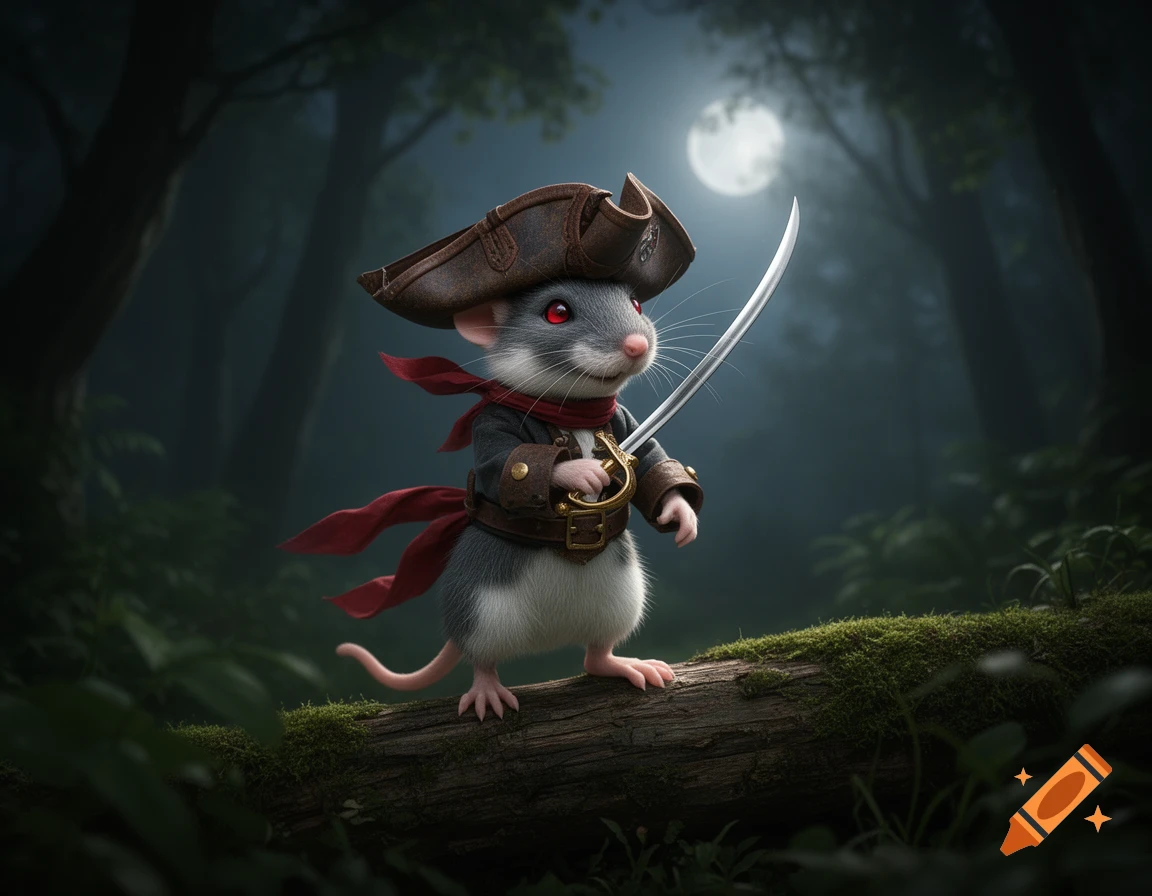 A cute grey and white rat swashbuckler with red eyes, in a pirate hat with a cutlass, stands on a mossy log in a dark forest under a full moon.