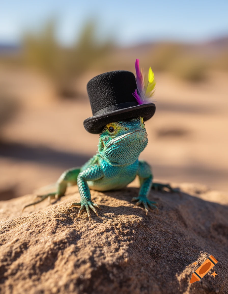 A photorealistic blue-green lizard wearing a black top hat with pink and yellow feathers sits on a sandy rock in a desert.