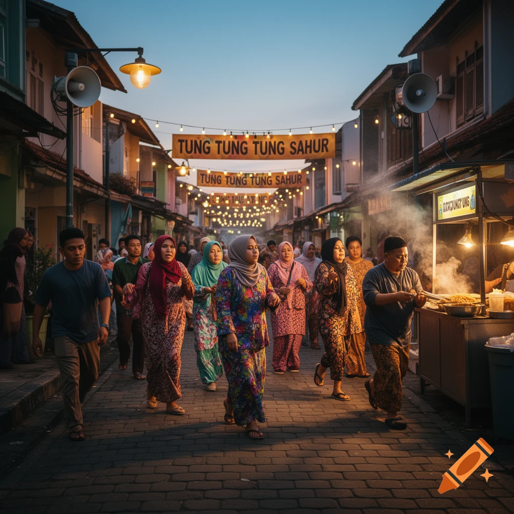 A lively street scene at dusk with people walking, banners reading 'TUNG TUNG TUNG SAHUR', string lights, and a steaming food stall.