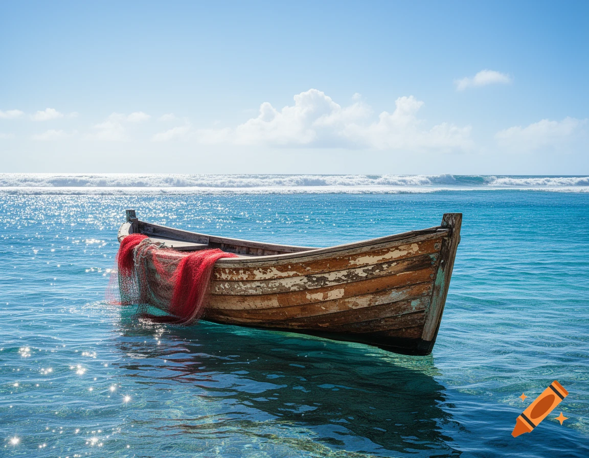 A weathered wooden boat with a red fishing net floats in clear blue ocean water under a sunny sky with distant waves.