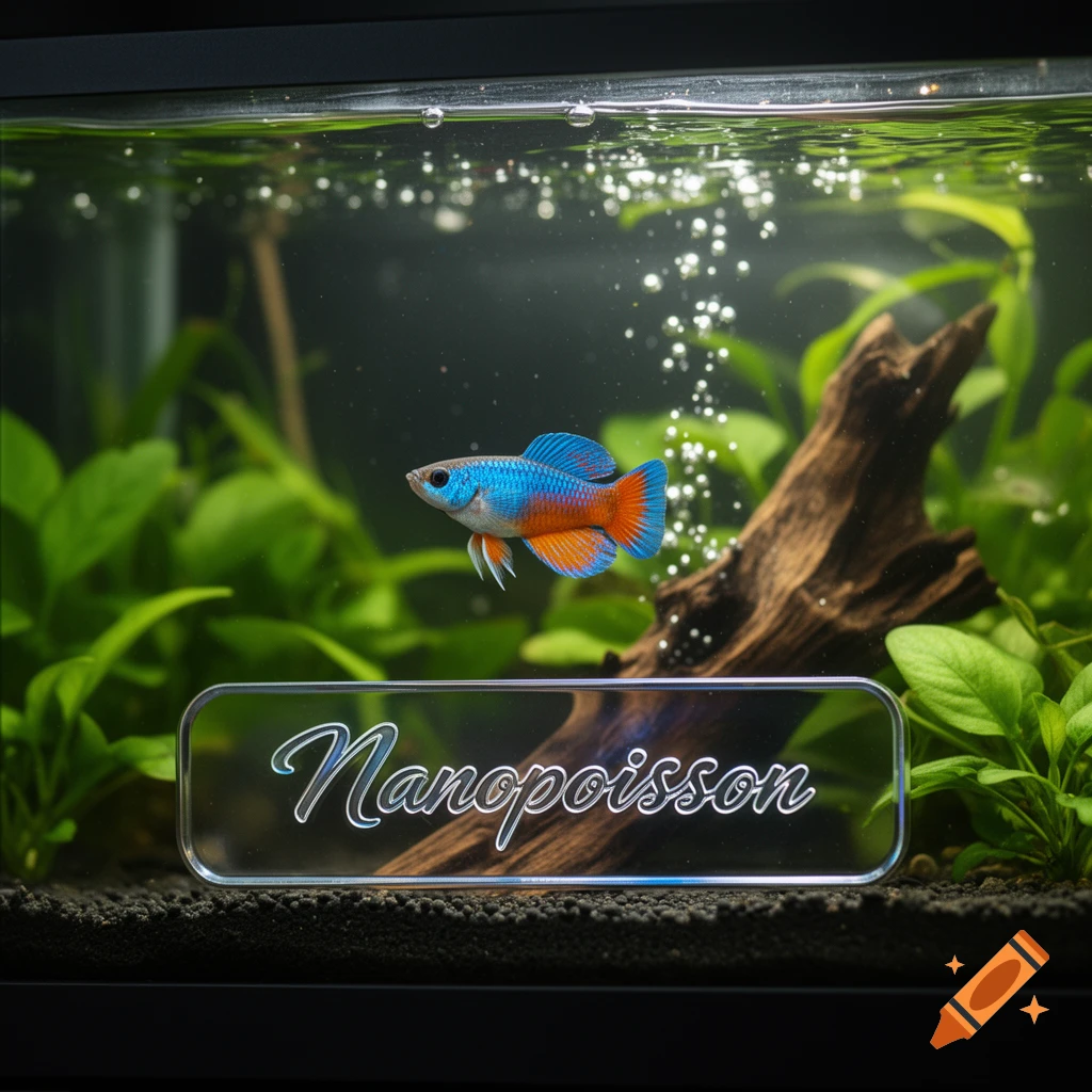 A vibrant blue and orange fish swims in a clear aquarium with green plants, a wooden log, and a sign displaying 'Nanopoisson'.