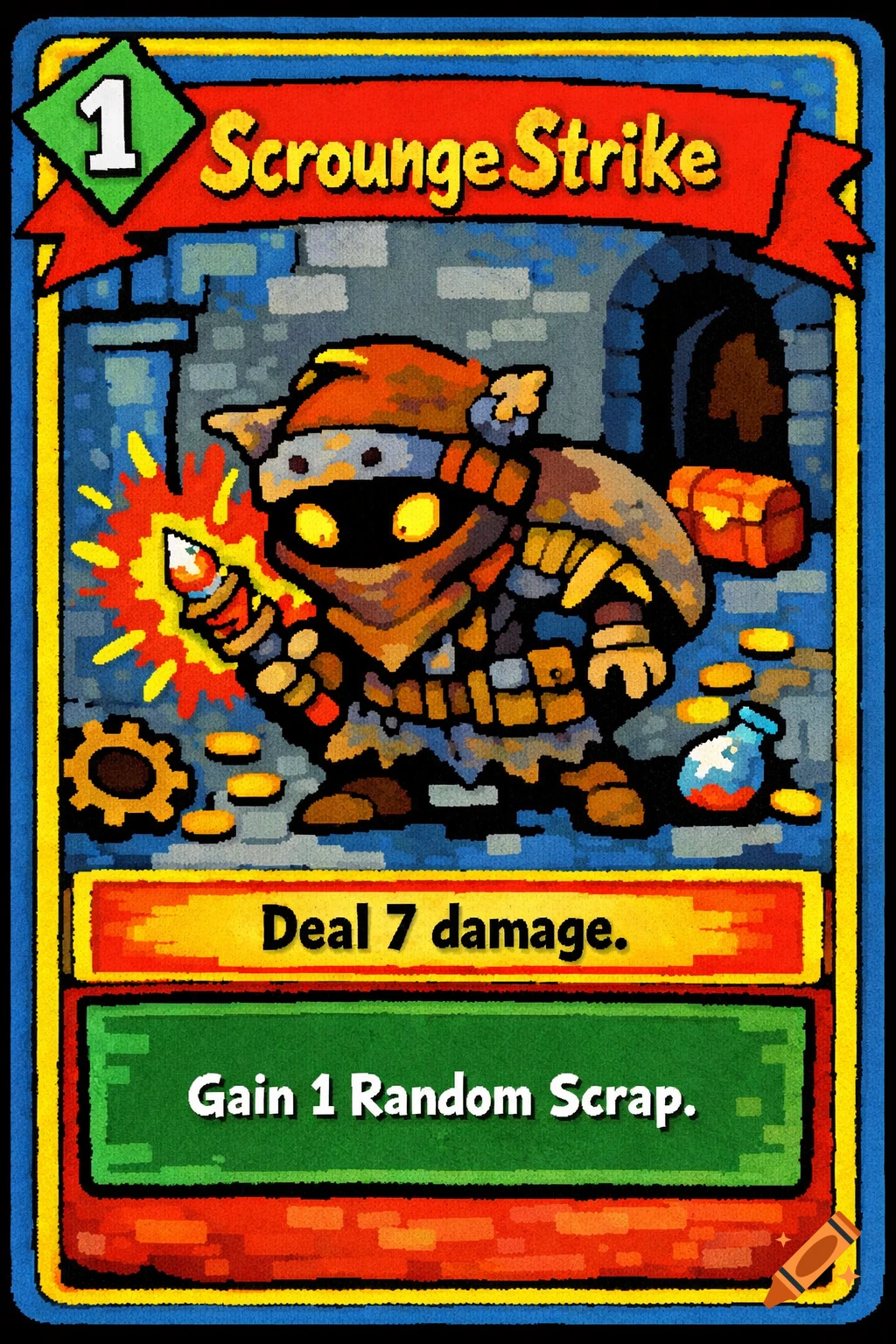 A stylized game card titled "Scrounge Strike", featuring a masked, hooded figure holding a glowing, sparking tool in front of a castle archway. The card has text indicating abilities: "Deal 7 damage." and "Gain 1 Random Scrap.".