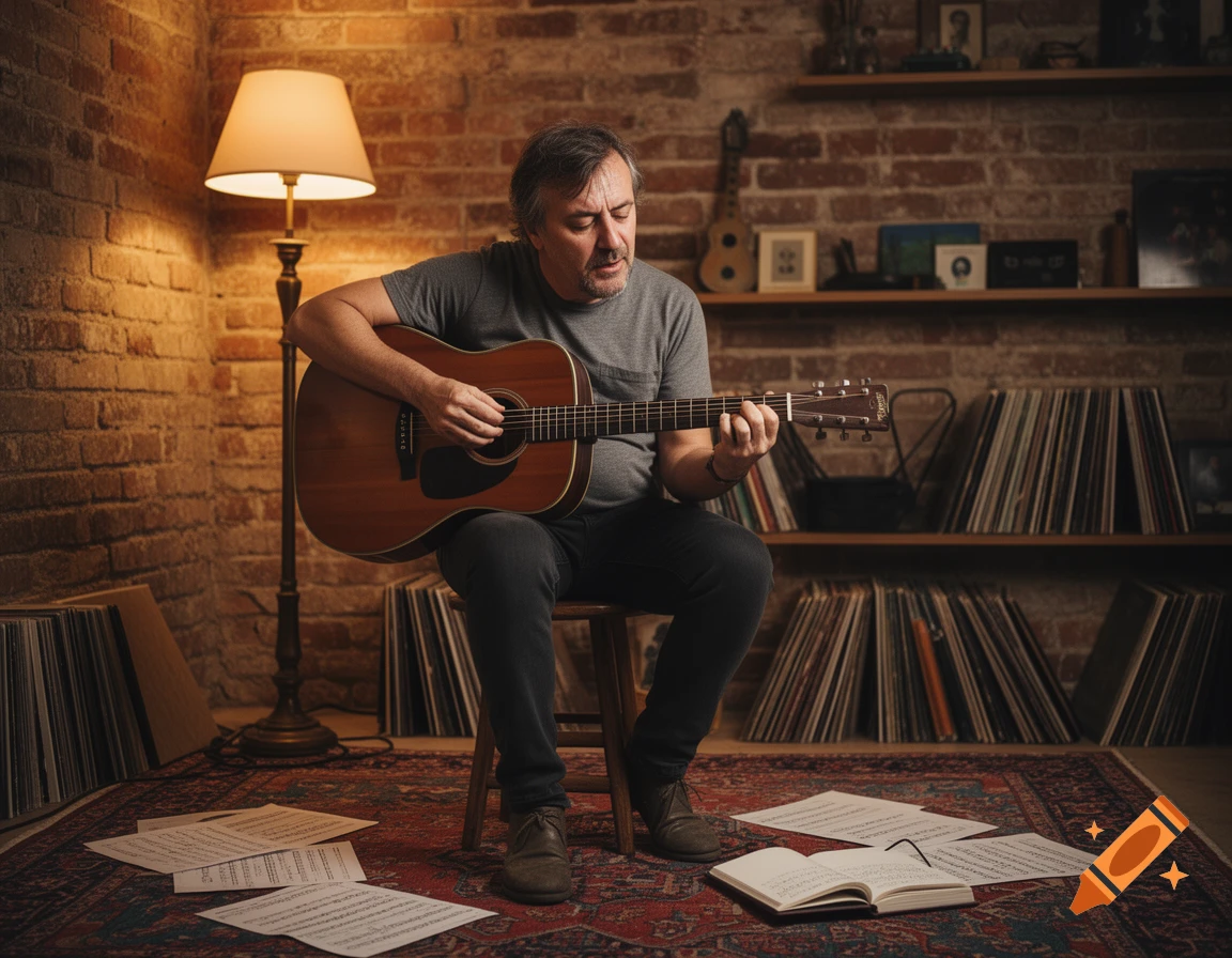 A man playing an acoustic guitar while seated on a stool in a cozy, brick-walled room with a floor lamp and shelves filled with vinyl records.