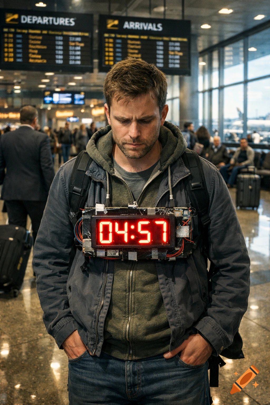 A man with a digital timer device strapped to his chest stands in a busy airport terminal, looking anxious. Photorealistic style.