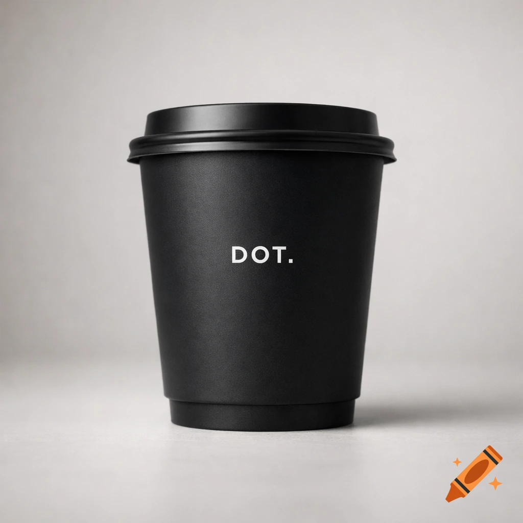 A minimalist photorealistic image of a matte black coffee cup with a 'DOT.' logo and lid on a light background.