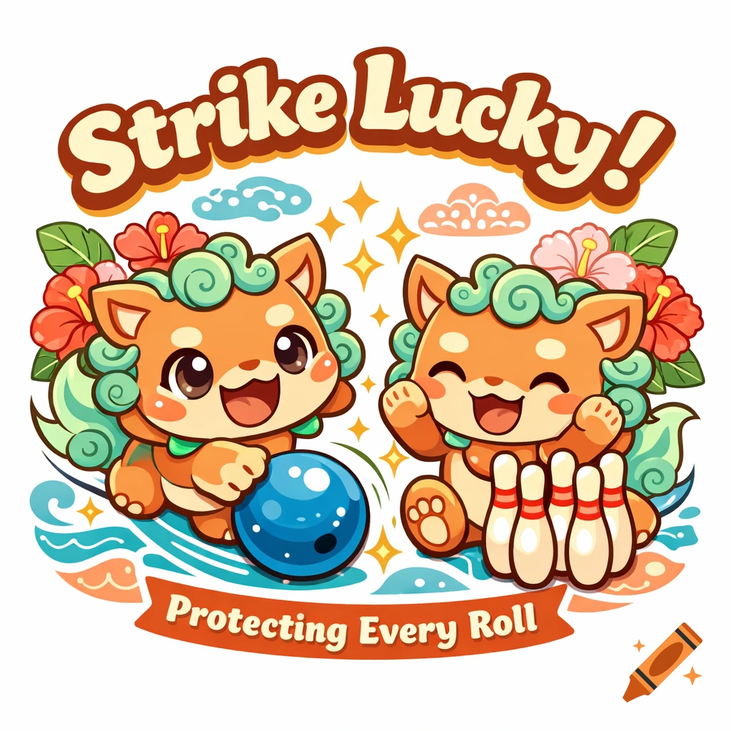 Chibi Okinawan Shisa dogs bowling, with hibiscus, waves, and text 'Strike Lucky! Protecting Every Roll'.