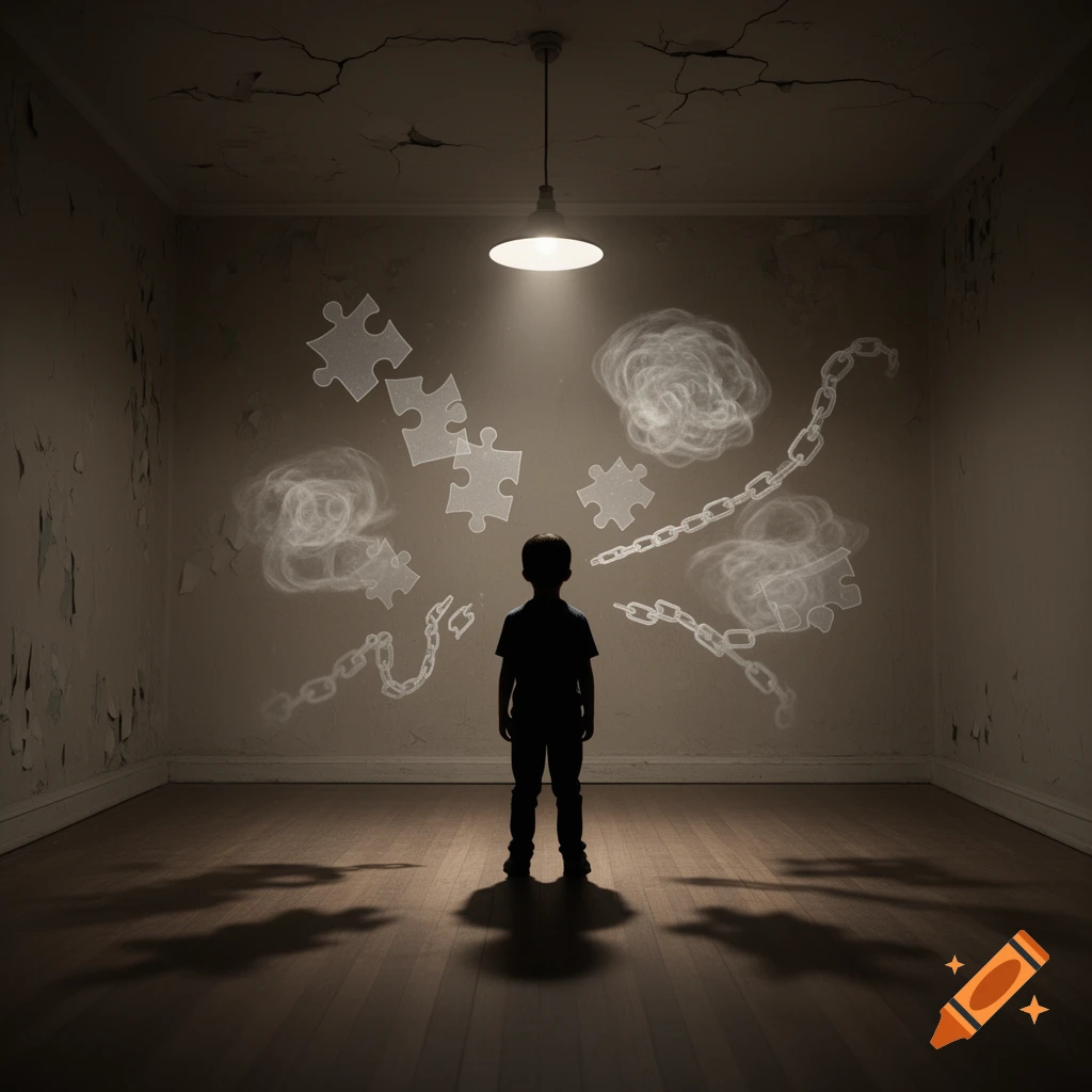 Silhouette of a child in a dark room, surrounded by floating puzzle pieces, chains, and smoky shapes under a single light.