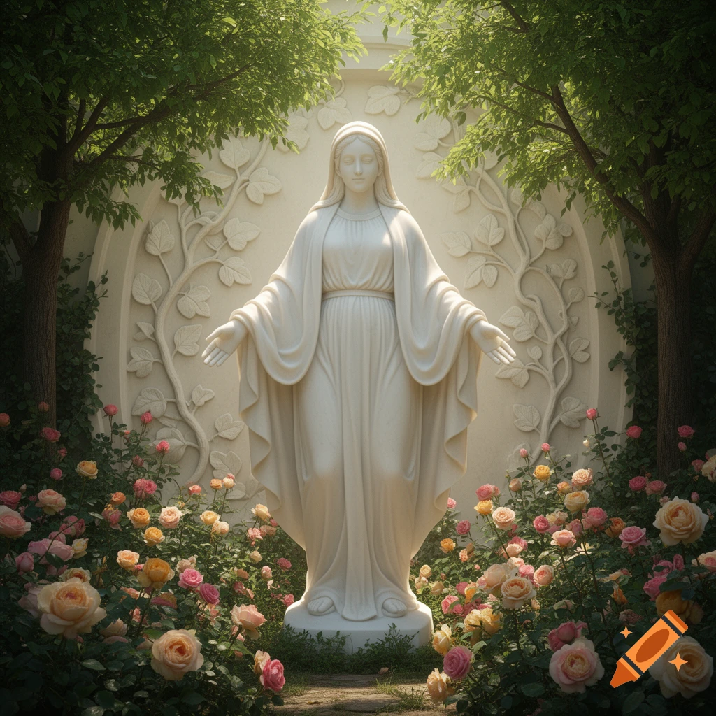 A white marble statue of Mother Mary with outstretched arms stands in a lush garden filled with pink and yellow roses under green trees.
