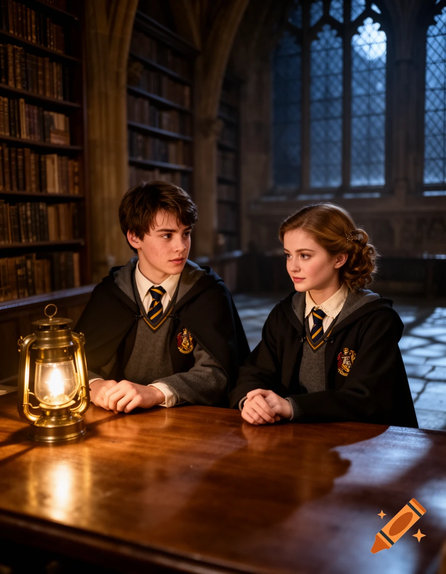 Two young students in wizarding robes sit at a wooden table with a lit lantern in a dimly lit library.