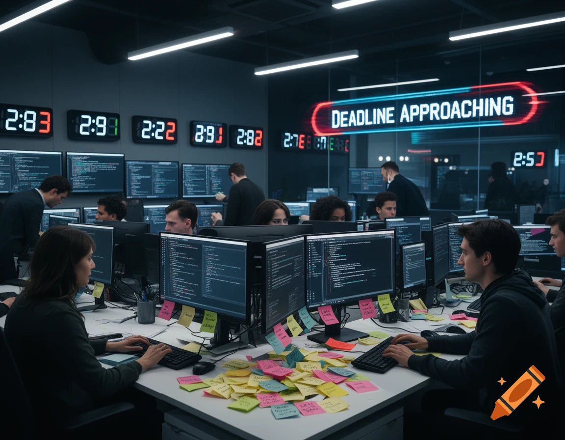 A dimly lit office with many people working on computers, surrounded by monitors showing code and digital clocks. A large sign reads "DEADLINE APPROACHING".