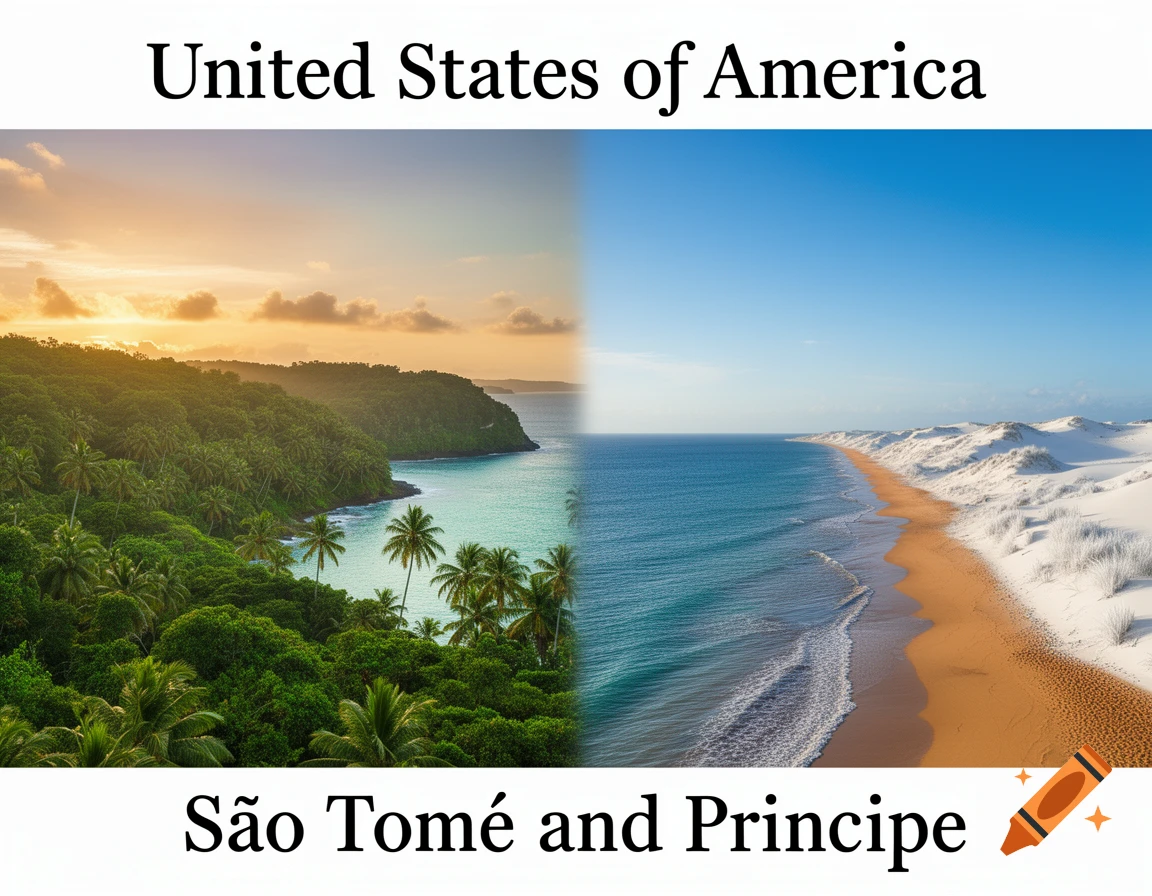 Split image: tropical beach at sunset on left, labeled "United States of America"; sandy beach with white dunes on right, labeled "S H ã o Tom H é and Principe".