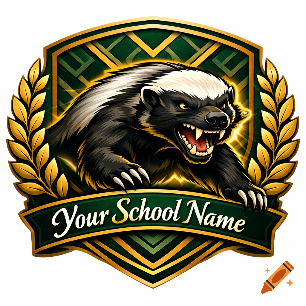 A fierce honey badger mascot in a green and gold shield logo with laurel wreaths and 'Your School Name' on a banner.