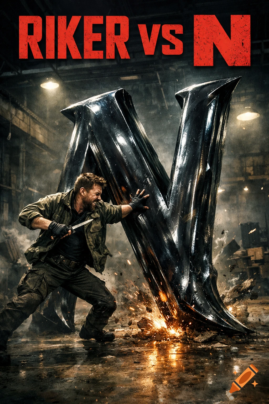 An action movie poster showing a man with a knife fighting a giant metallic letter N, with sparks flying. Text 'RIKER vs N'.