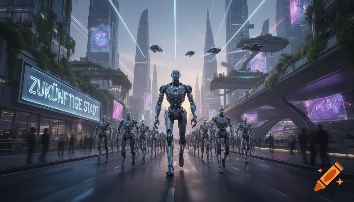 Humanoid robots march in a futuristic city with towering skyscrapers, neon signs, and flying vehicles.
