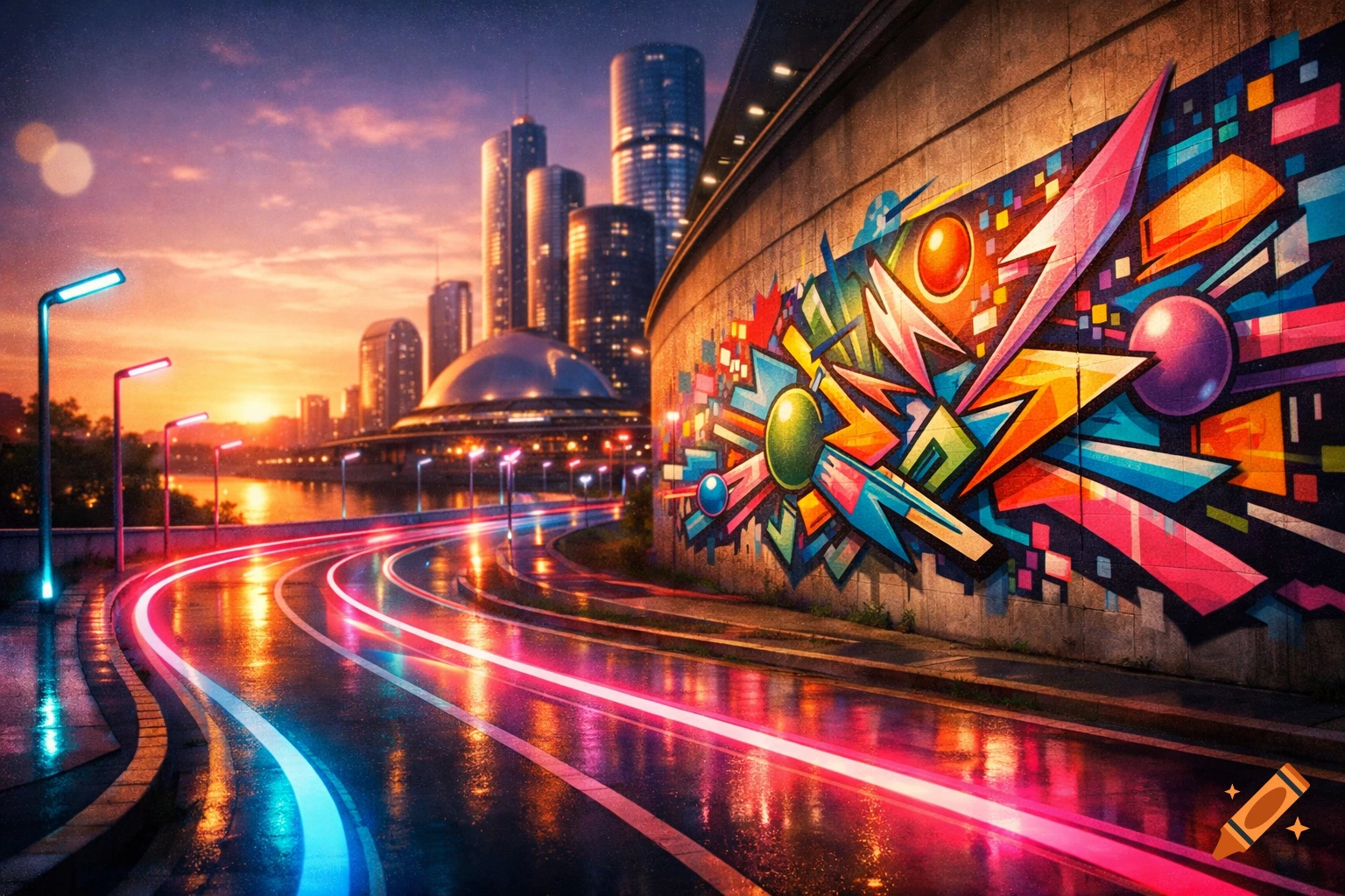 Vibrant cityscape at sunset with neon light trails on a wet road and a colorful, abstract graffiti wall.