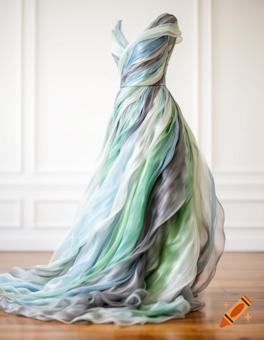 A flowing, floor-length dress featuring waves of sheer fabric in shades of light blue, green, gray, and white on a mannequin.