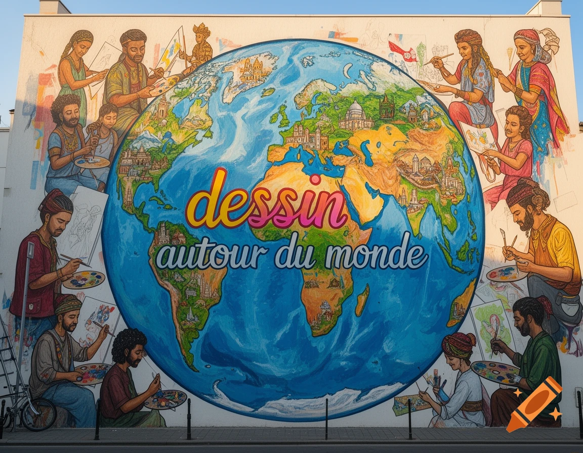 A vibrant mural depicts a large globe with landmarks, surrounded by people of various ethnicities painting it. Text reads "dessin autour du monde".