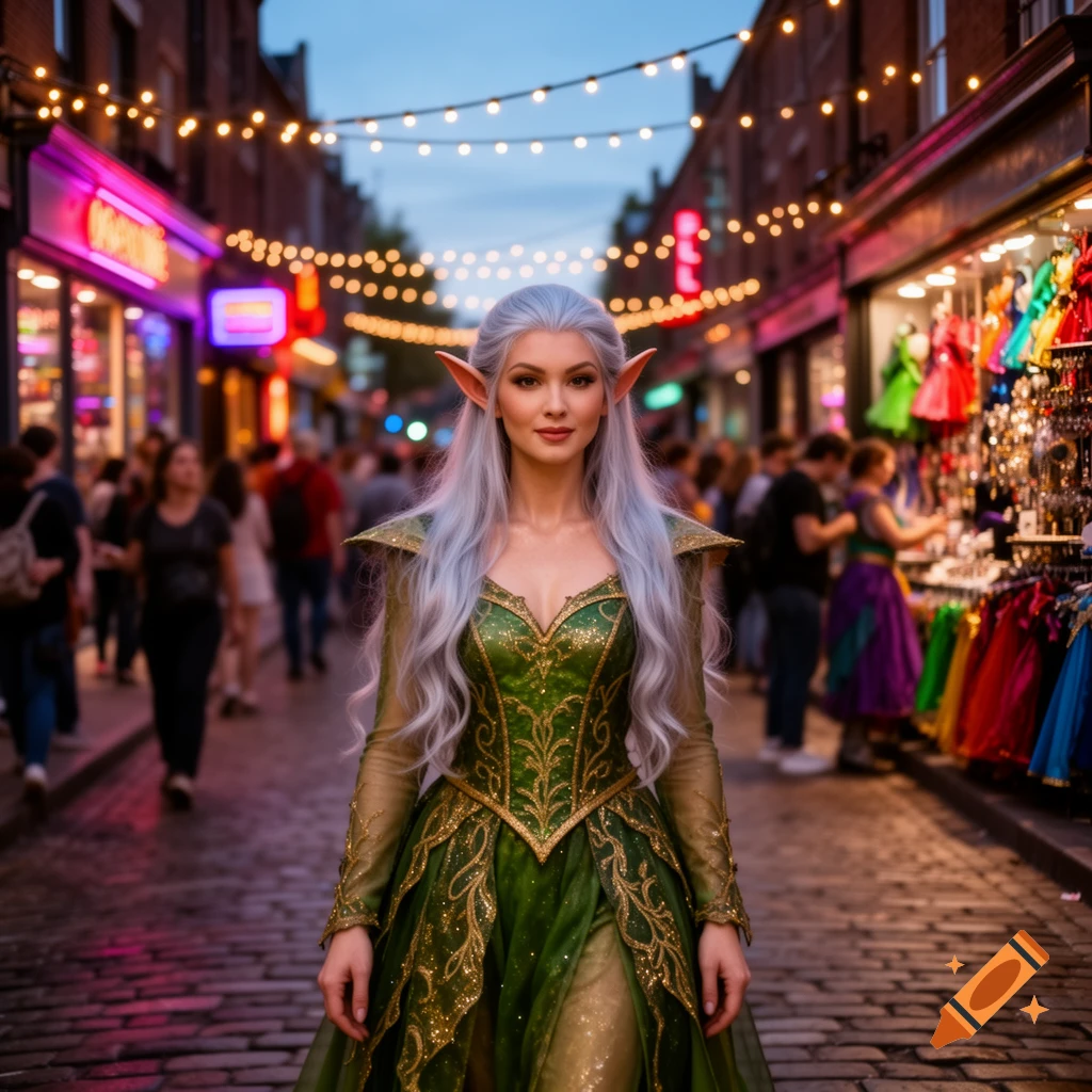 An elf woman with silver hair and pointed ears in a green and gold gown stands on a cobblestone street of a lively night market with string lights.