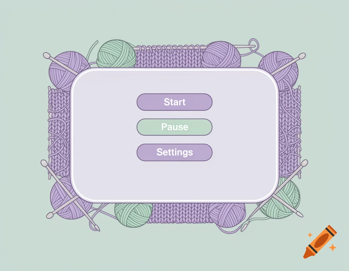 A game UI featuring Start, Pause, and Settings buttons, framed by purple and green yarn balls and knitted patterns.