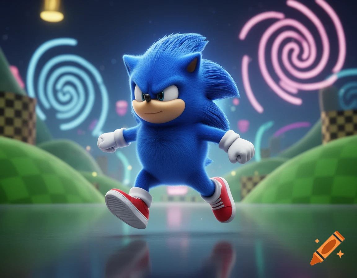 Blue animated Sonic the Hedgehog running at high speed, levitating slightly above a reflective surface, with colorful spiral shapes and checkered blocks in the background.
