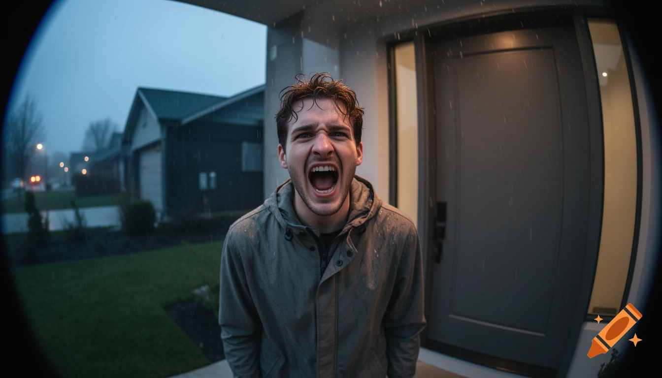 A man with wet hair and jacket screams at a ring camera on a rainy day in front of a house.