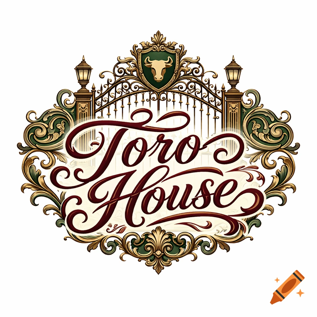 Ornate Victorian-style logo featuring a bull's head crest, golden gate, green and gold scrollwork, and 'Toro House' in an elegant script.