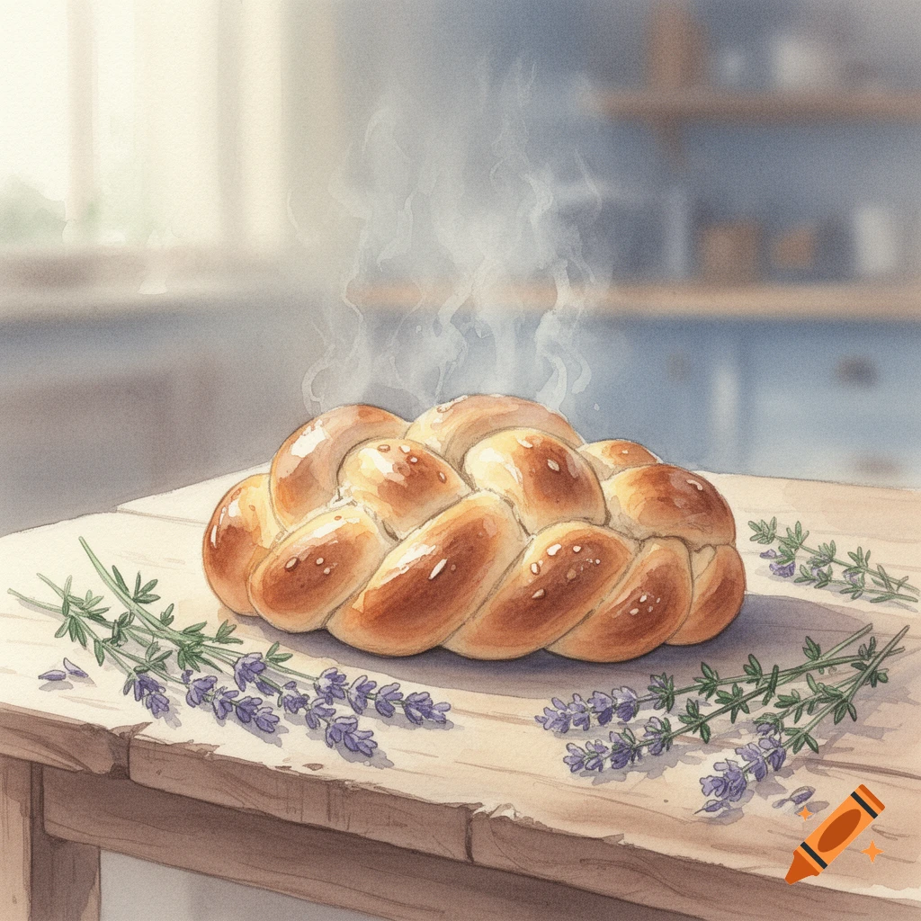 A warm, braided loaf of Hefezopf bread steaming on a wooden table, surrounded by lavender sprigs, in a watercolor style.