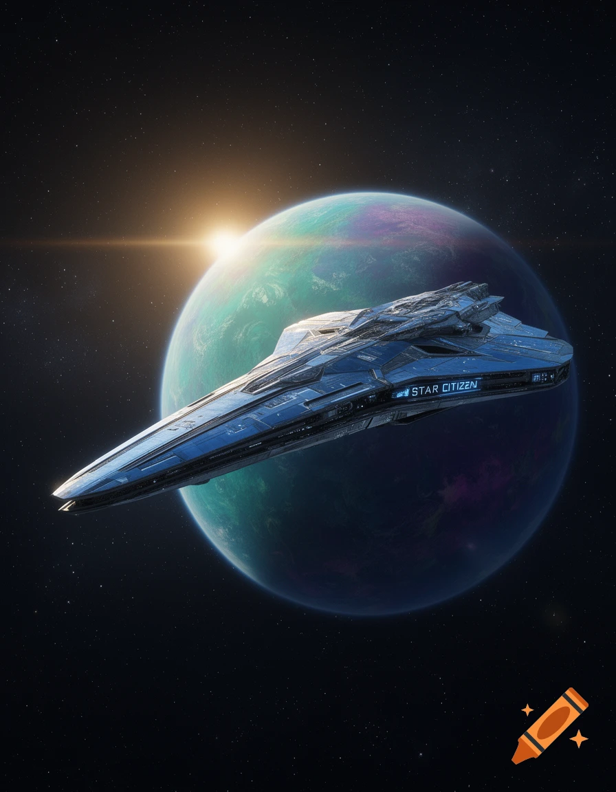 A futuristic blue and silver spaceship flies past a large teal and purple planet, illuminated by a bright sun in a star-filled space. Photorealistic.