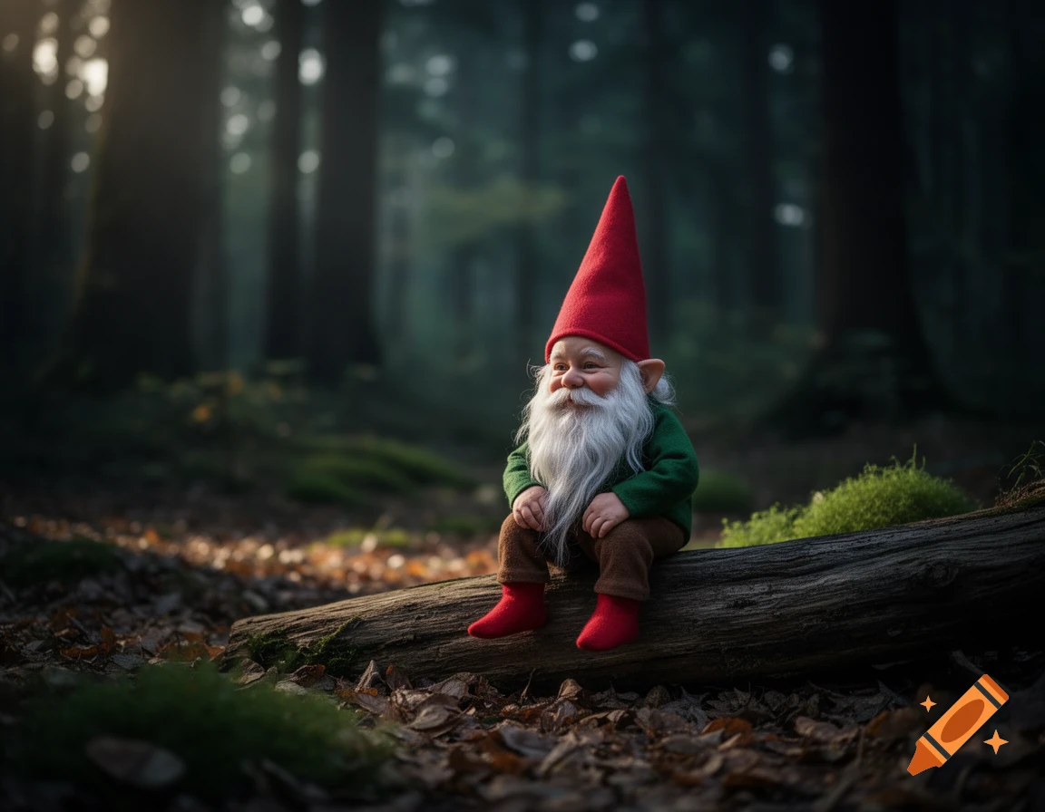 A cheerful gnome with a long white beard, red pointy hat, and red shoes sits on a log in a dappled, dark forest.